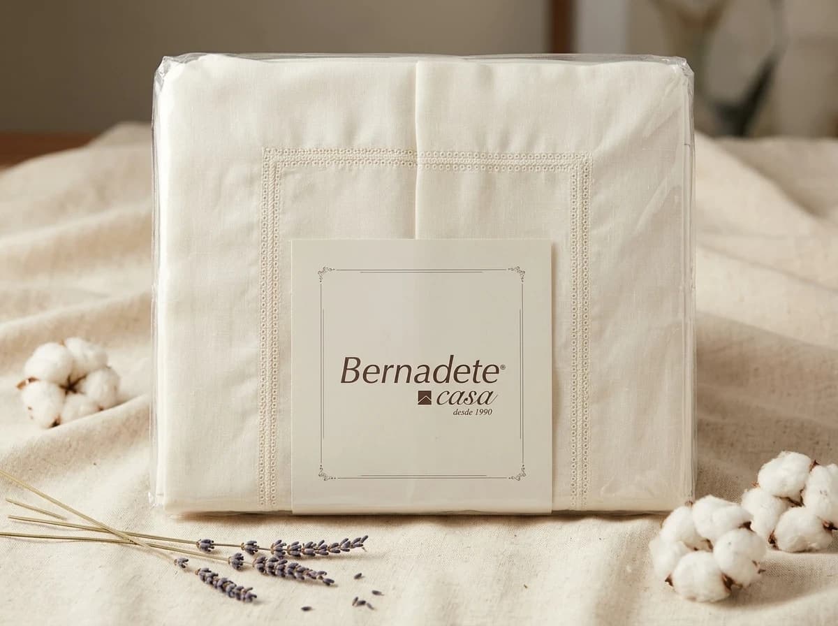 Jogo de Cama Off-White com bordado Bernadete Casa - composto 300 Fios