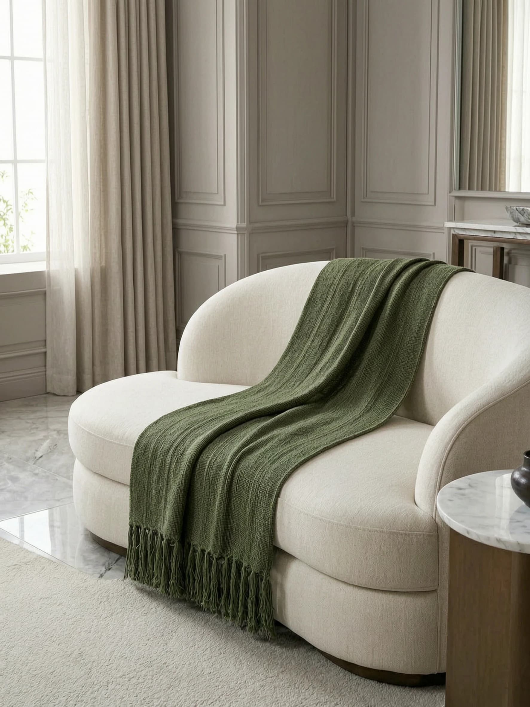 Manta de Luxo Verde Oliva Profundo 50% Algodão e 50% Linho com Franjas - Foto 1